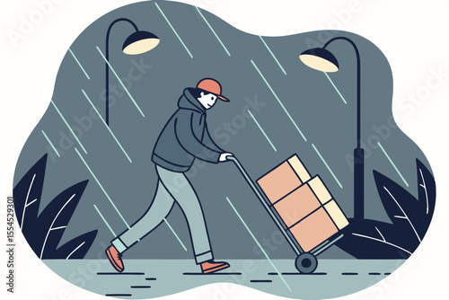 Courier braves harsh rain and wind, determined to deliver every package on time.