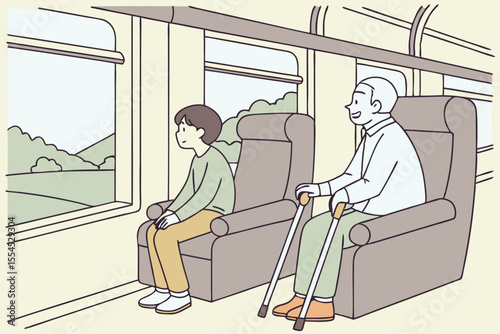 A young person with crutches sits across from an elderly man on a calm train ride.