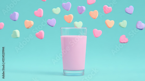 Glass of pink milk with colorful heart shaped candies falling into it, set against bright turquoise background, creating