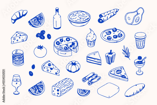 Hand drawn italian food set. Mediterranean lunch and dinner doodle icons. Pasta, olive, pizza, cheese, tomato, lemon, wine. Dolce vita aesthetics. Perfect for print, design menu, sticker.