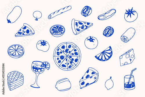 Hand drawn italian food set. Mediterranean lunch and dinner doodle icons. Pasta, olive, pizza, cheese, tomato, lemon, wine. Dolce vita aesthetics. Perfect for print, design menu, sticker.