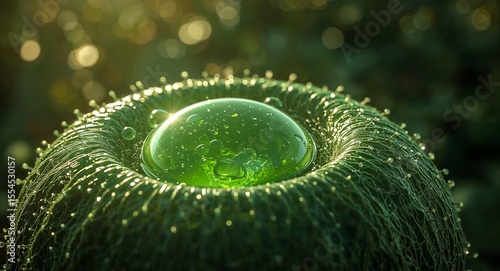 Close up of a green liquid drop on a textured surface with small droplets around the edges in soft light