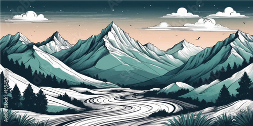 Vector winter mountain landscape with snowy peaks, blue sky, and sun