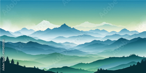 Sunrise mountain landscape with misty peaks and a cloudy sky