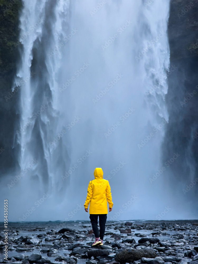 Obraz premium Exploring the majestic Skogafoss waterfall in Iceland on a rainy day