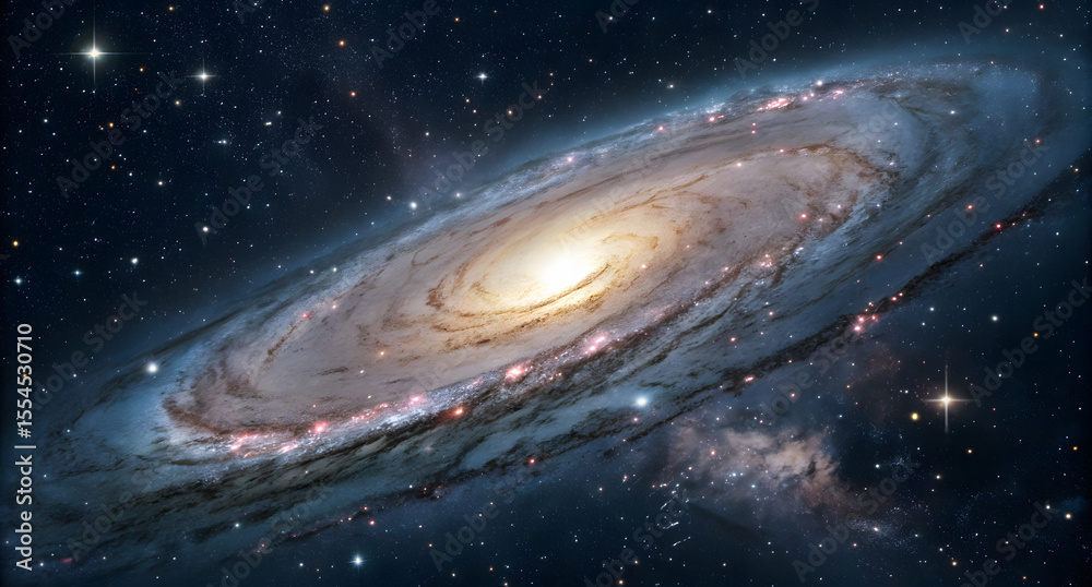 Fototapeta premium Spiral galaxy in deep space with luminous core and swirling arms