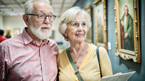 Old couple visiting a museum and exploring art together with curiosity