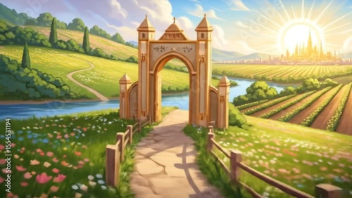 Fantasy archway gate leading to sunlit kingdom through scenic flower fields and winding path. Fantasy and landscape concept