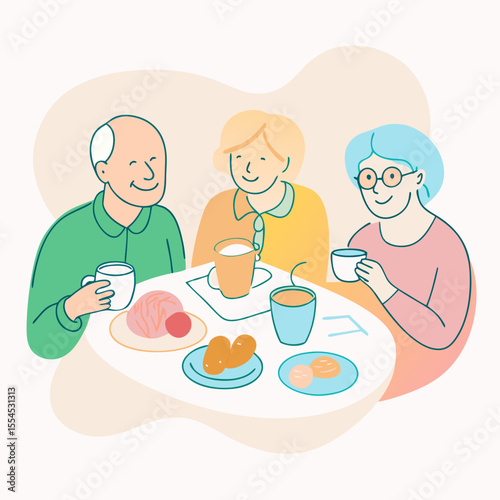 Seniors enjoying breakfast time together illustrated with soft pastel colors