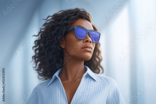 Confident woman with curly hair and stylish blue sunglasses exuding self-assurance in a bright environment symbolizing modern professionalism and empowerment captured with clarity