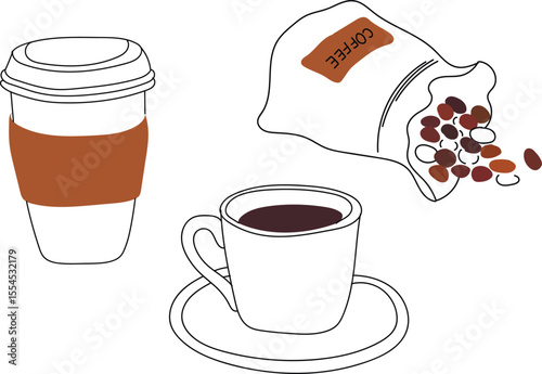Coffee doodles with cups, beans and glasses. Coffee-themed sketches including beans and cups fill the design. Aesthetic cafe illustrations, isolated vector set.