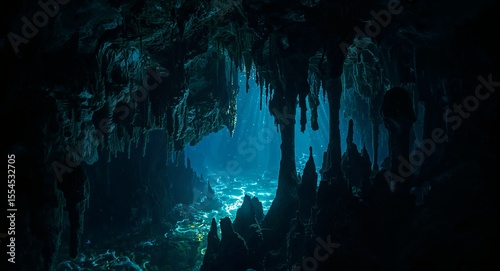 Underwater cave with stalactites and stalagmites illuminated by blue light creating a surreal ambiance