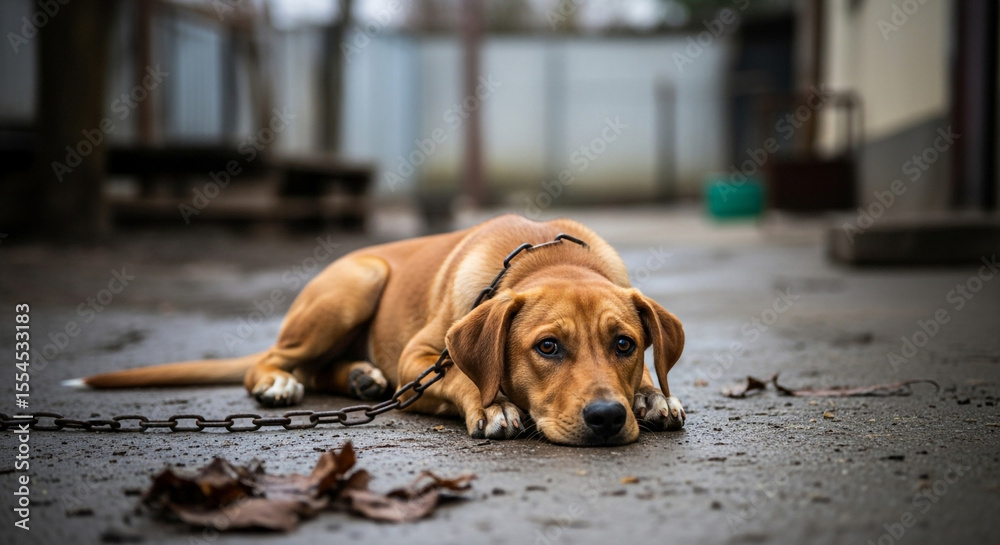 Obraz premium Sad dog chained outside rescue adoption animals pets canine breeds