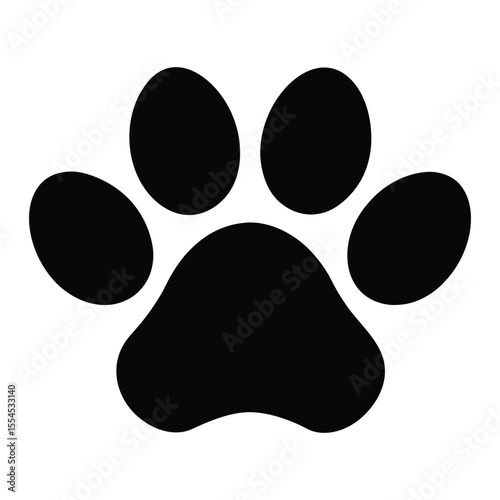 Minimalist flat design single paw print silhouette in black and white cmyk colors