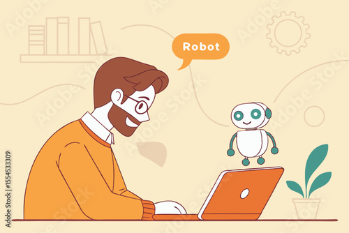 Man with beard and glasses working on laptop interacting with small cute robot companion isolated on transparent background