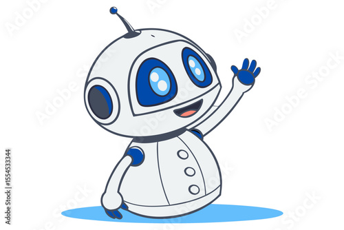 Friendly cartoon robot waving hello with a cheerful expression and big blue eyes isolated on transparent background