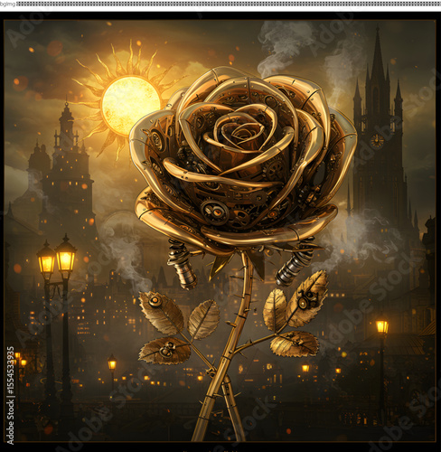 Steampunk Golden Rose Mechanical Flower in a Cityscape
