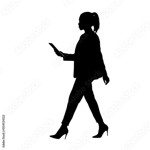 Businesswoman walking while holding a tablet in silhouette form  