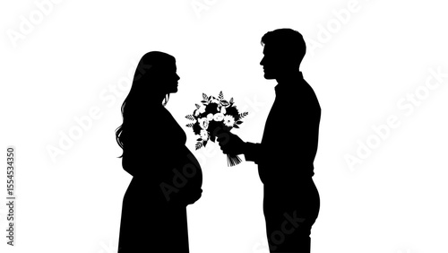 Pregnant woman and man holding flowers in silhouette portrait  