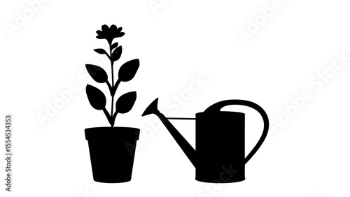 Black silhouette of a watering can beside potted flower plant  