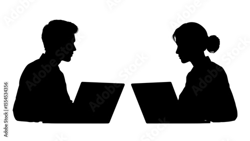 Man and woman working on laptops while seated across from each other  