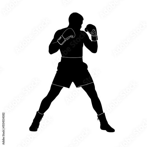 Boxing athlete in fighting stance with gloves on black background  