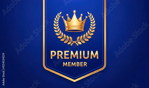 Premium Member Gold Crown Logo Emblem on Royal Blue Shield Background | VIP Membership Symbol for Loyalty Programs, Exclusive Offers and Subscription Services
