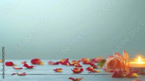 Rose Flower and Candle on Wooden Surface with Rose Petals and Soft Background