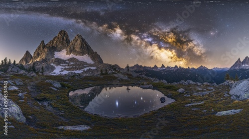 Starry Night Mountain Landscape with Reflection and Milky Way