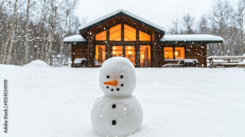 Snowman with Carrot Nose and Coal Eyes in Snowy Winter Landscape in Front of Warm Lit Cabin