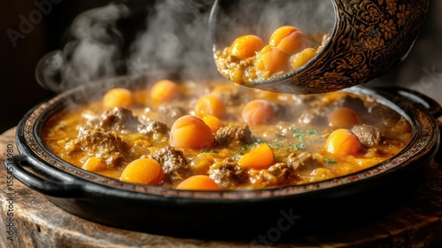 Steaming Meat and Vegetable Stew in Black Pot with Ladle