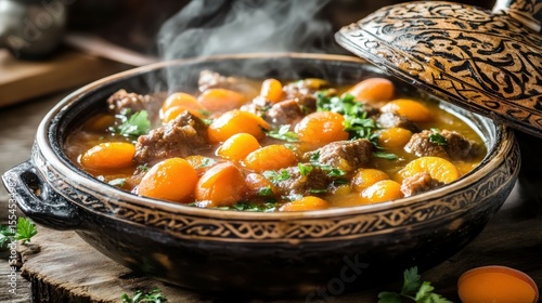 Steaming Traditional Clay Pot Filled with Meat and Carrots in Rustic Setting
