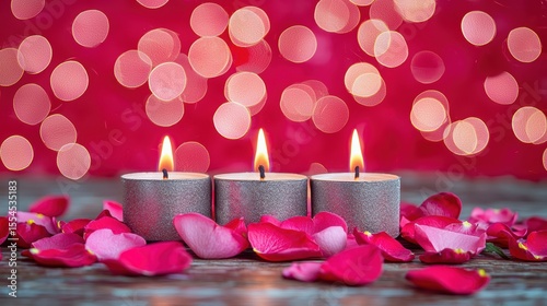 Three Gray Candles Burning Surrounded by Pink Rose Petals and Bokeh Lights