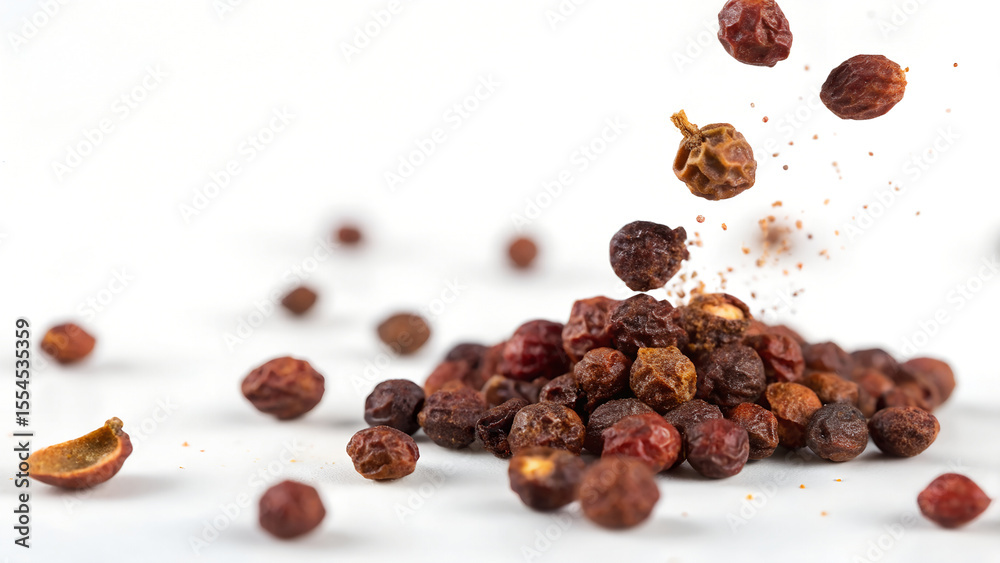 Fototapeta premium Pile of sichuan pepper spice isolated on white background with some falling in a studio shot