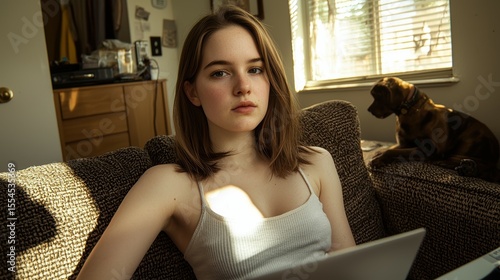 Young Woman Sitting on Couch with Dog in Bright Living Room