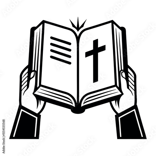 Black and White Hands Holding Open Holy Book Cross Symbol