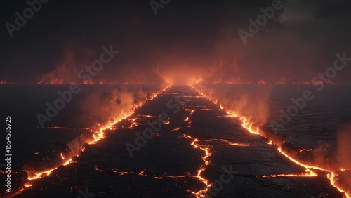 Fiery Path with Glowing Cracks and Blazing Flames – Apocalyptic Lava Road Background
