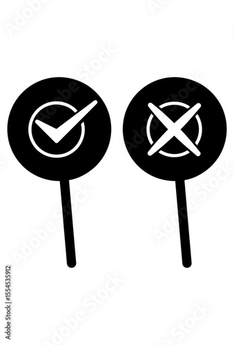 Check and cross symbols for choice selection.
Icons showing approval and disapproval marks.
Right and wrong decision indicators.

