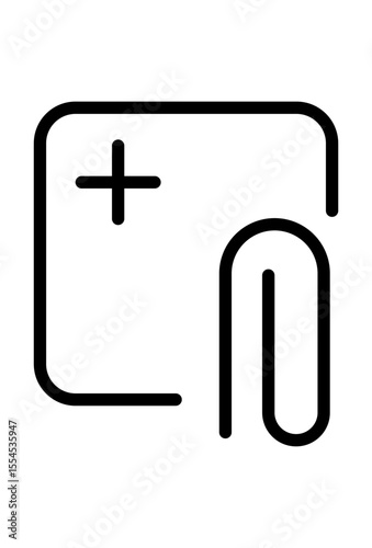 Icon depicting file attachment, new document, or adding content.
Add attachment symbol: plus sign within a document, with paperclip.
Graphic representation of attaching a file or adding a new record.
