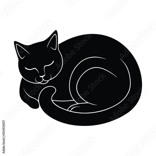 Stylized silhouette of a domestic cat peacefully sleeping in a curled up position perfect for pet themed designs