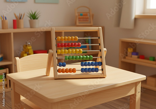 Two children learn mathematics with a wooden abacus, an ancient counting tool for education and finance