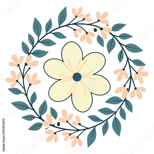 Pale Yellow Flower Centered in Teal Leaf Floral Wreath