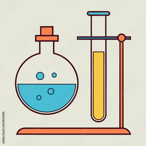 Round Flask and Test Tube with Yellow and Blue Liquids on Stand