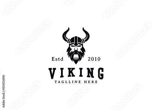 Viking and anchor logo. Scandinavian sailors symbol. Nordic warrior design. Horned Norseman symbol. Barbarian man head icon with horn helmet and beard.