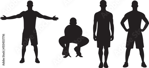 A collection of black silhouettes showcasing various fitness poses, including stretching, squatting, and standing confidently. This design is perfect for health and fitness projects, gym branding.