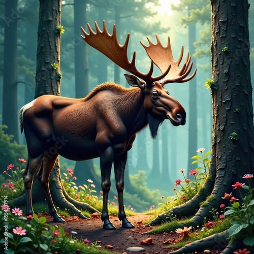 Forest floor adorned with intricate details around majestic moose, Forest, Details, Whimsical