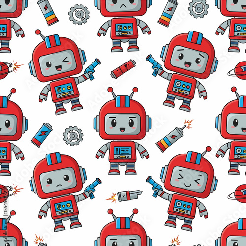 A whimsical seamless pattern of cute red and blue cartoon robots with various expressions, surrounded by batteries, gears, and toy laser guns. Vector Patetrns