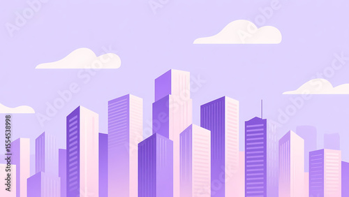 Stylized Cityscape with Purple Skyscrapers Under a Calm Sky