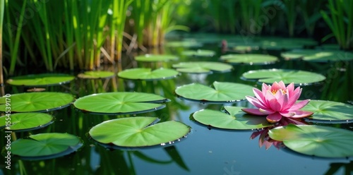Lilypads create a textured surface on the pond floor, plant life, greenery, cattails