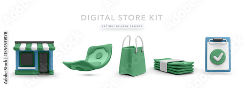 Storefront, Flying Money, Shopping Bag, Stack Of Cash, And Checklist Icon In Smooth 3D Style. Useful For Online Shop, Checkout Flow, Payment System, And Ecommerce Projects. Vector Illustration.